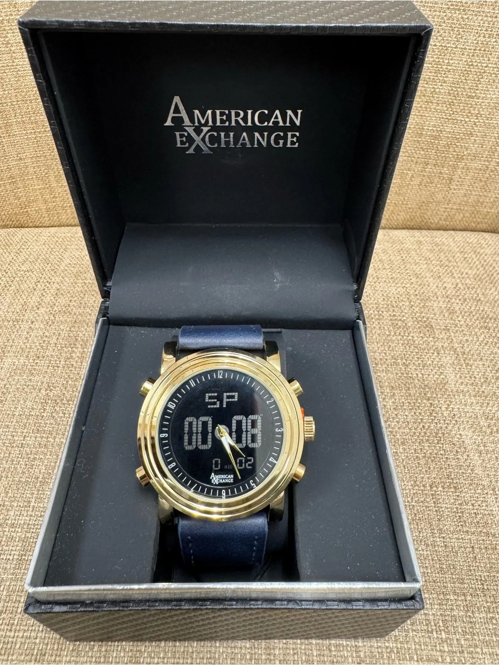 American Exchange Men’s Quartz Analog-Digital Watch Blue Leather Strap Gold Box